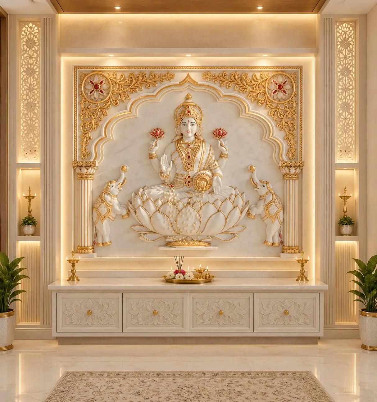 Lakshmi Mata 75mm Indian marble stone mural with lotus, elephants and golden carving for luxury home mandir by EarthStona